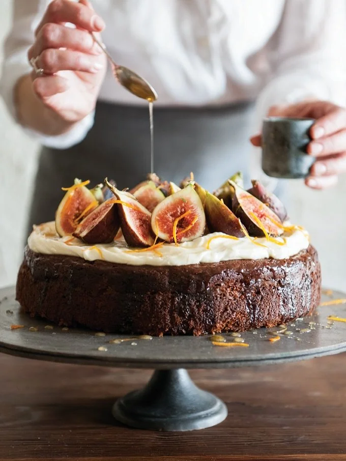 Sticky Figgy Cake 🤎 
with orange cream cheese frosting decorating. My favourite autumn cake&hellip; from my book Clodagh&rsquo;s Suppers. Here&rsquo;s the recipe xx 

Makes 1 cake 

INGREDIENTS: 
150g dried figs 
300g dates 
150g fresh figs 
9