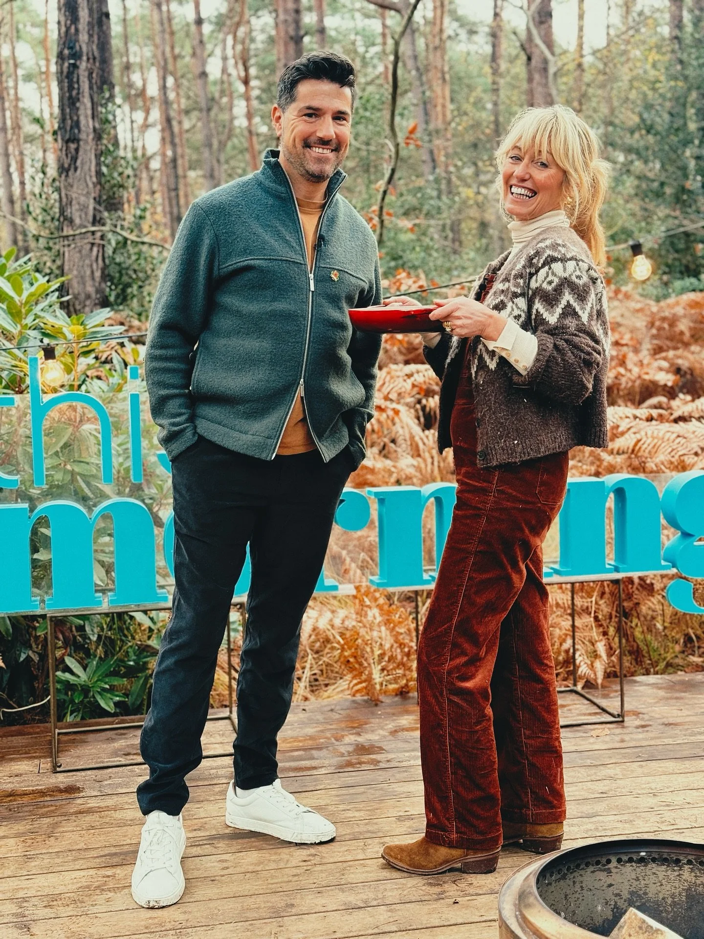 So much fun cooking outdoors at the @thismorning Forest @itv today with my buddy @craigdoyletv 💚🌲

I cooked delicious Slow Baked Chorizo Beans from my new cookbook Happy Cooking! You can get the recipe on @thismorning app. 

Outfit details! 
Cordur