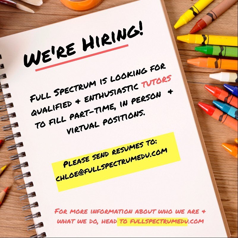 As the demand for services grows, so must our team! Now hiring tutors for in person and virtual positions. Send your resume to chloe@fullspectrumedu.com or DM for more information! Please share! 

#fullspectrummiami #abatherapy #tutoring #teaching #m