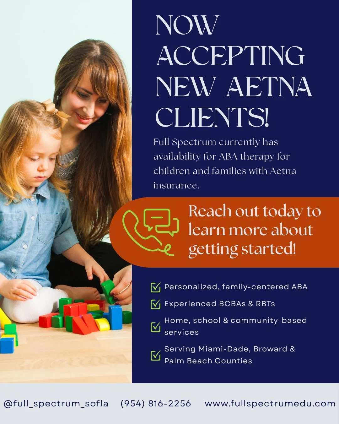 Great news for families in South Florida! 💙 We are excited to announce that Full Spectrum is now accepting new Aetna clients!

Our team of experienced BCBAs and RBTs is dedicated to providing personalized, family-centered ABA therapy tailored to you