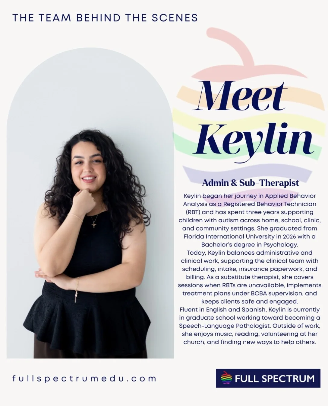 ✨ Meet Keylin! 💙
Meet our amazing Admin &amp; Substitute Therapist! Keylin helps keep things running smoothly behind the scenes while also supporting our clients and team. We&rsquo;re so lucky to have her as part of the Full Spectrum ABA family! 💙
