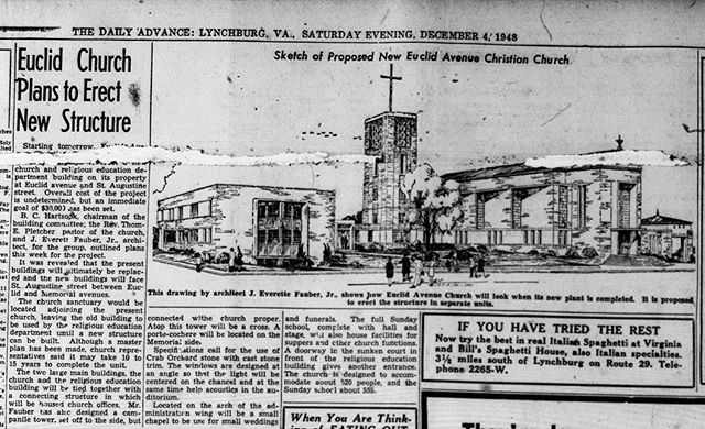 A 1948 Daily Advance article from the @jonesmemoriallibrary about proposed plans for the new Euclid Avenue Christian Church on Memorial Avenue. The new structure was designed by J. Everette Fauber, Jr., a well-known local architect. The eventual fini