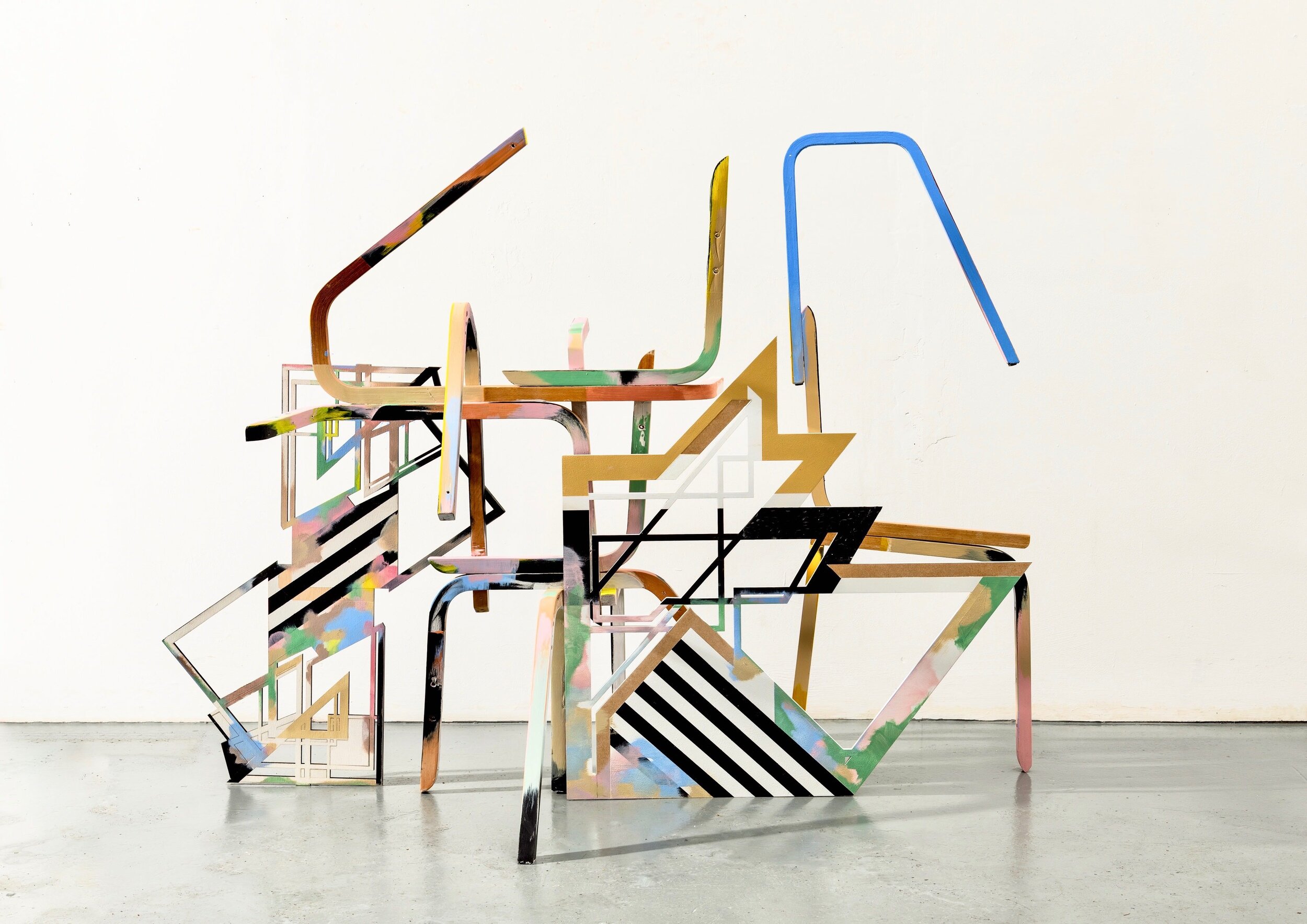 Andrea V Wright, Defence in Depth, Deconstructed Chairs, Engineered Plywood, Paint.2021.jpg