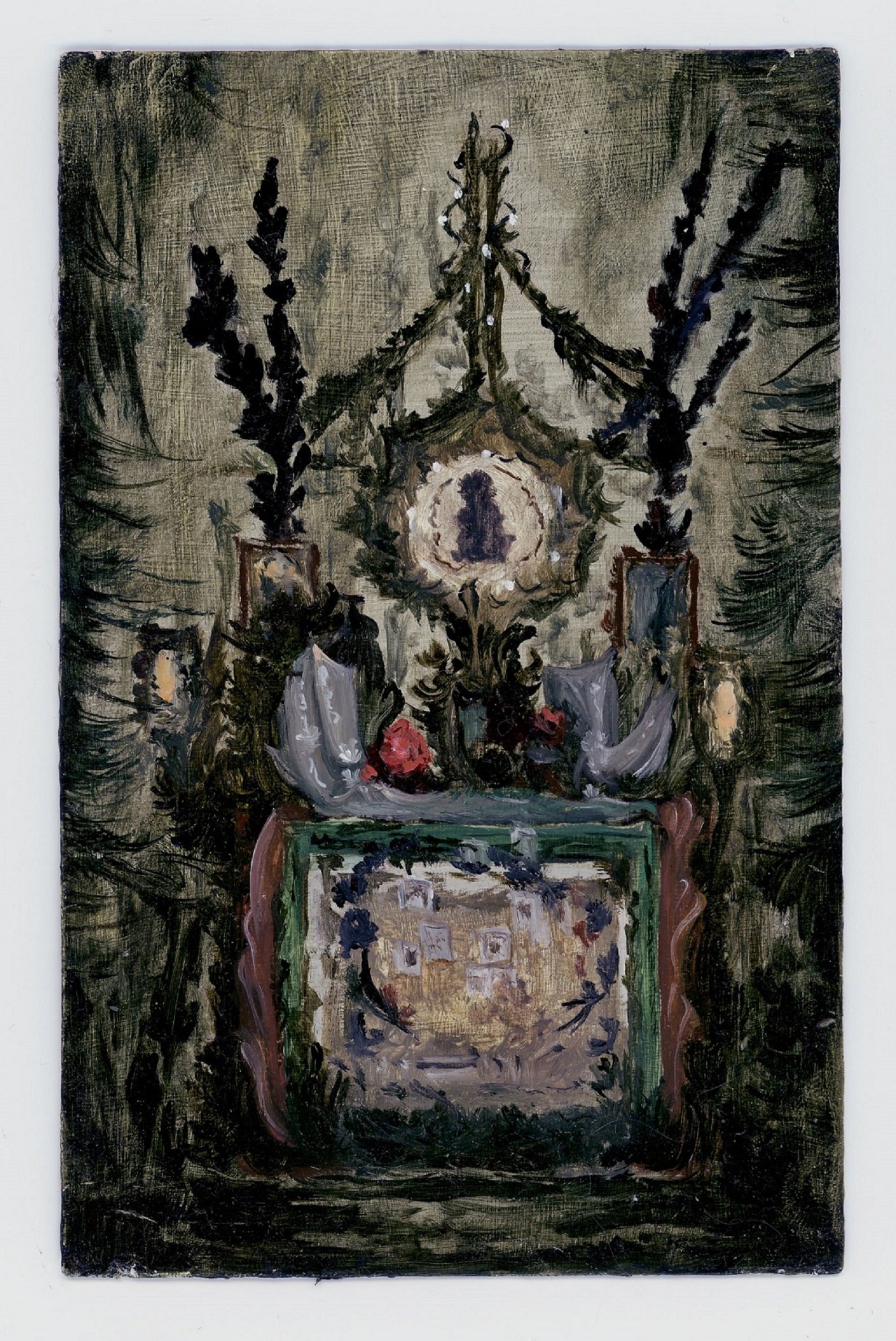 Joanna Whittle, Forest Shrine (Knock), Oil on found postcard, 15 x 10 cm, 2021 (1).jpeg