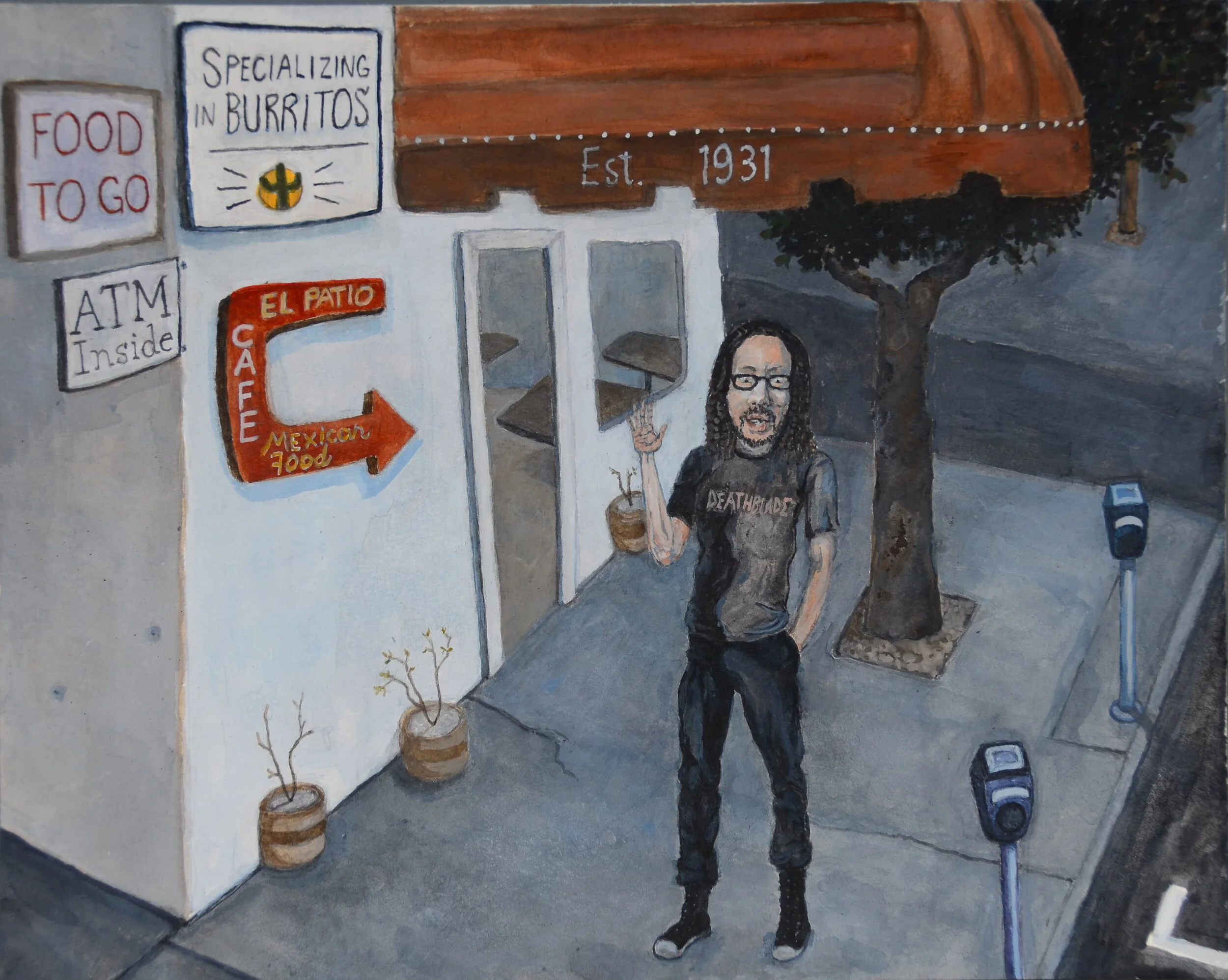 Pg. 3: Why is everyone moving around so fast? What day is it? Fuckin LA…ARGH!!!! OOOH—that’s a nice scarf! I can’t stop now to find out where she got that. There’s the restaurant. I’m so hungry—and there he is goddamn Bret, looking cool. I love godd