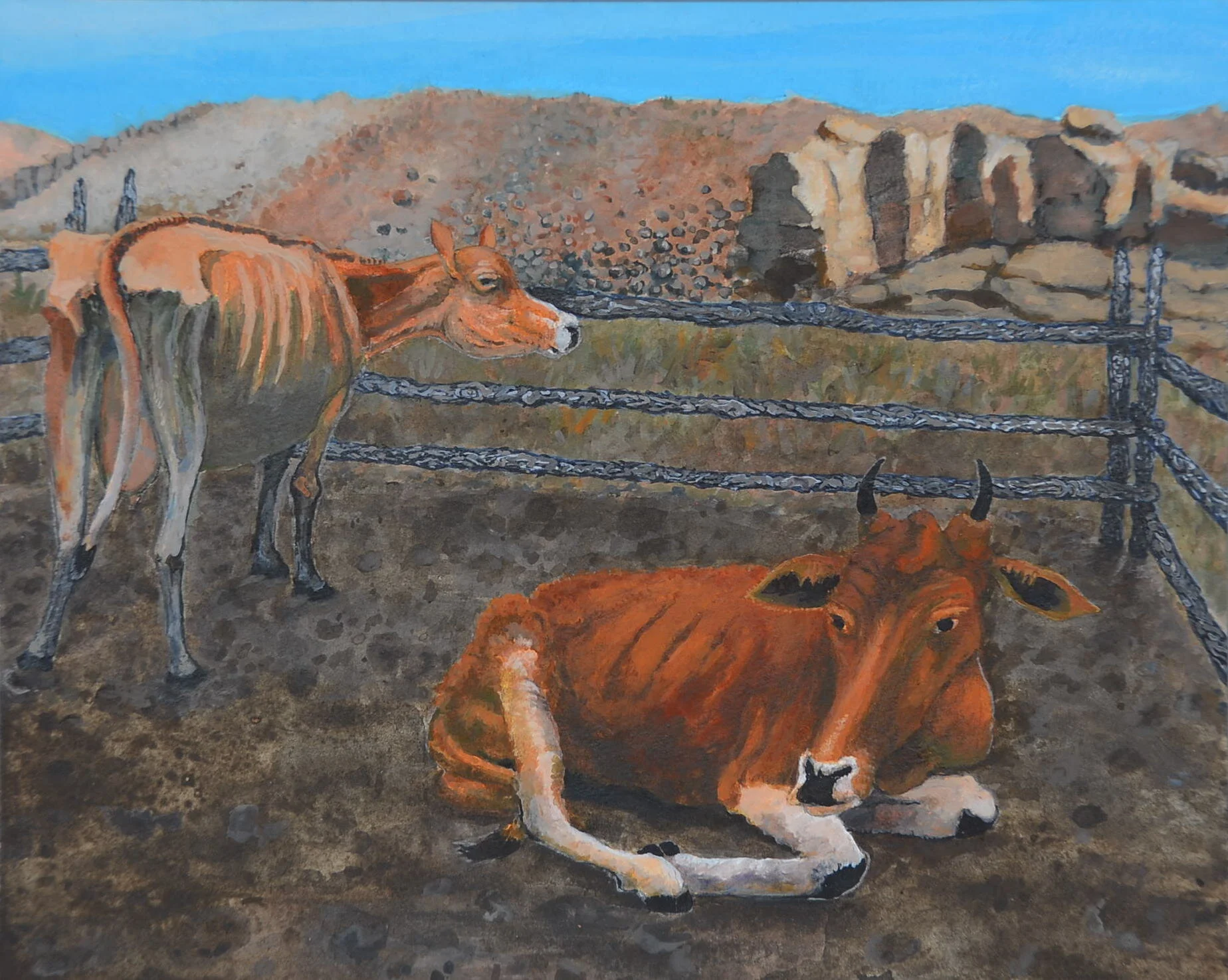Pg. 4: Far out west, the harsh high desert. I came to dry necropathic flesh. I picked a place Iu thought nobody would want. Then the man came to my door. Burnt from the sun since birth. He asked if I was here to own the land. I said I own nothing. N