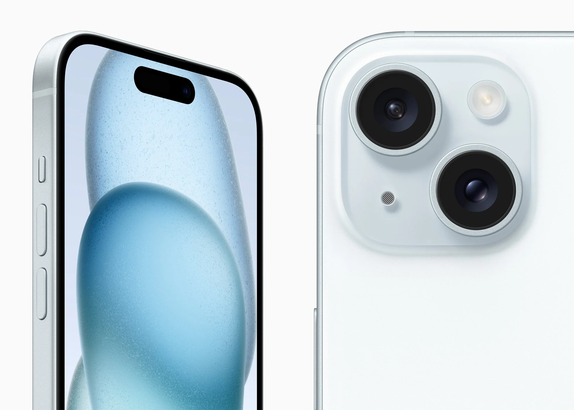 Two close-ups of the iPhone 15: one of the display and one of the back camera array