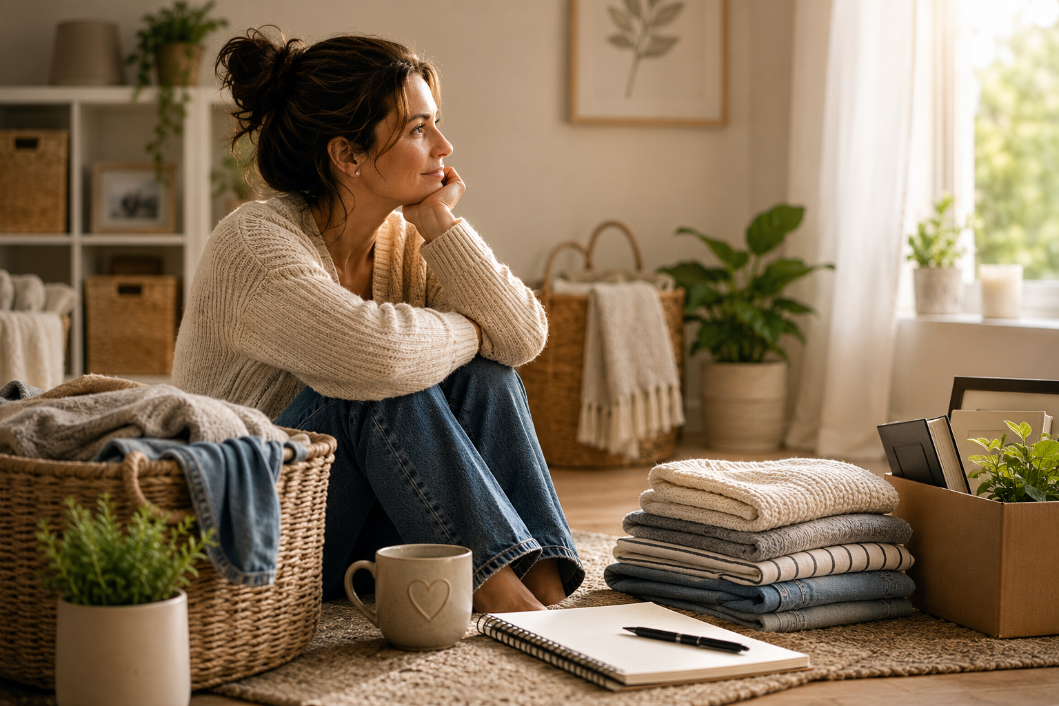 Woman sitting calmly beside folded laundry and organized baskets, reflecting on releasing overwhelm and finding peace through small organizing steps.