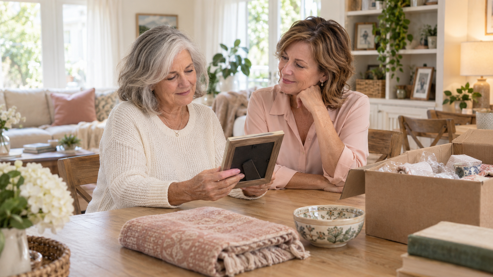 Two women looking at a framed photograph together beside a moving box and keepsakes at home.