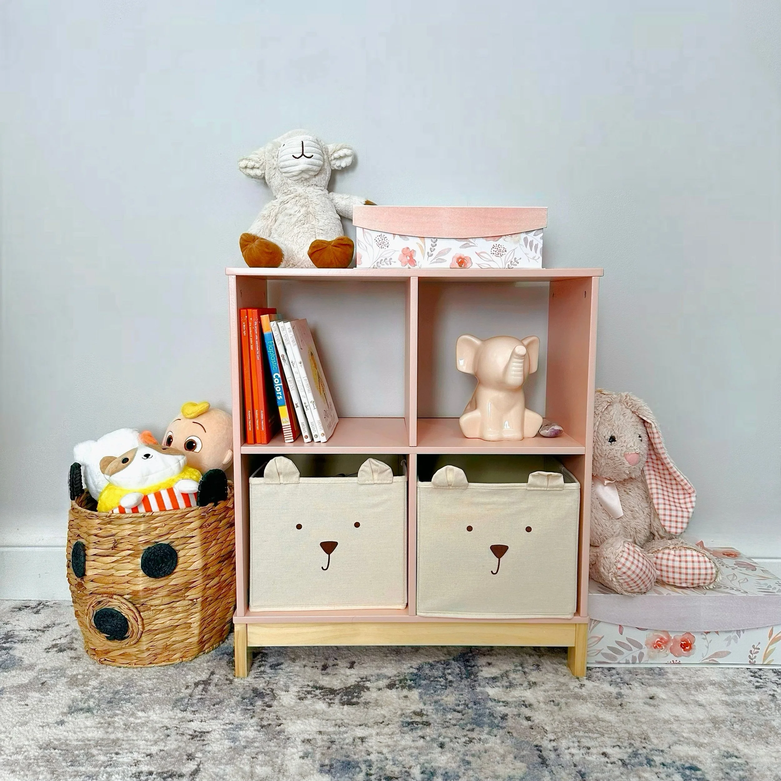 Organized children's bookshelf with labeled bins, books, and treasured toys, demonstrating how designated containers create simple, child-friendly boundaries for keeping special collections neat and manageable.