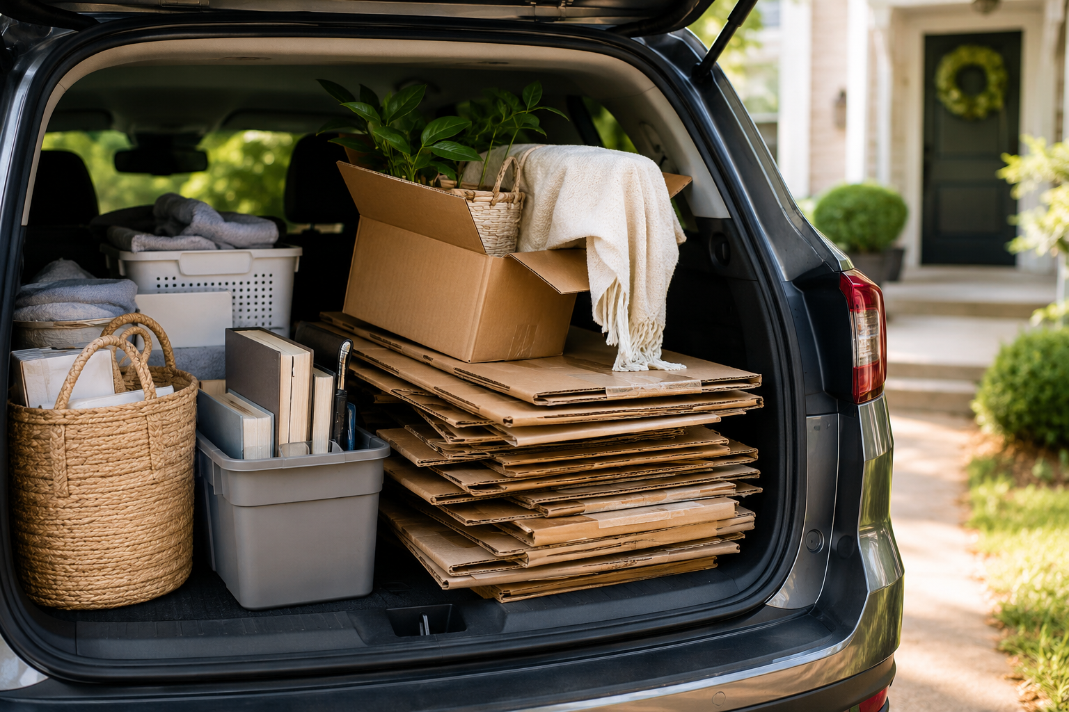 Car filled with flattened cardboard boxes after a compassionate home organizing session, symbolizing progress, relief, and support during an overwhelming time.