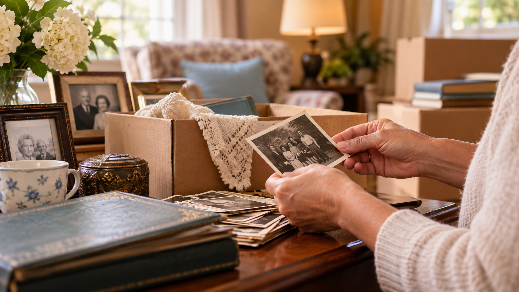 Person sorting family photos and keepsakes.