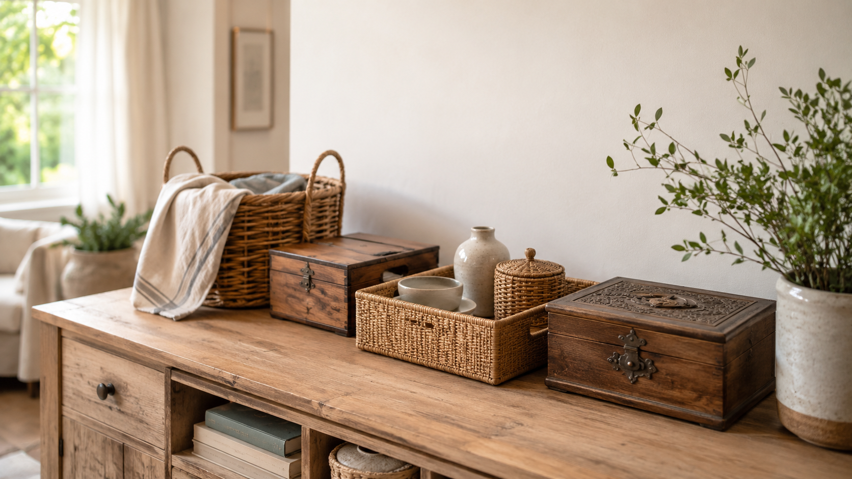 Vintage baskets and antique wooden boxes arranged on a decluttered console.