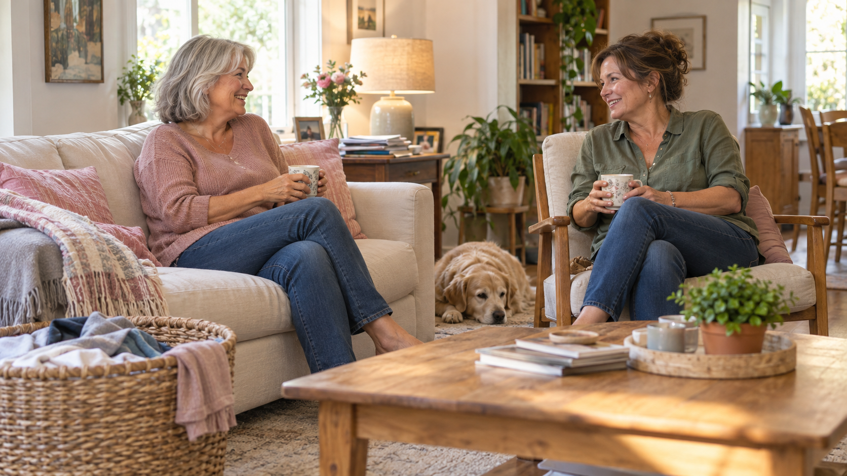 Two women chatting over mugs in a cozy living room with a laundry basket and a resting dog.
