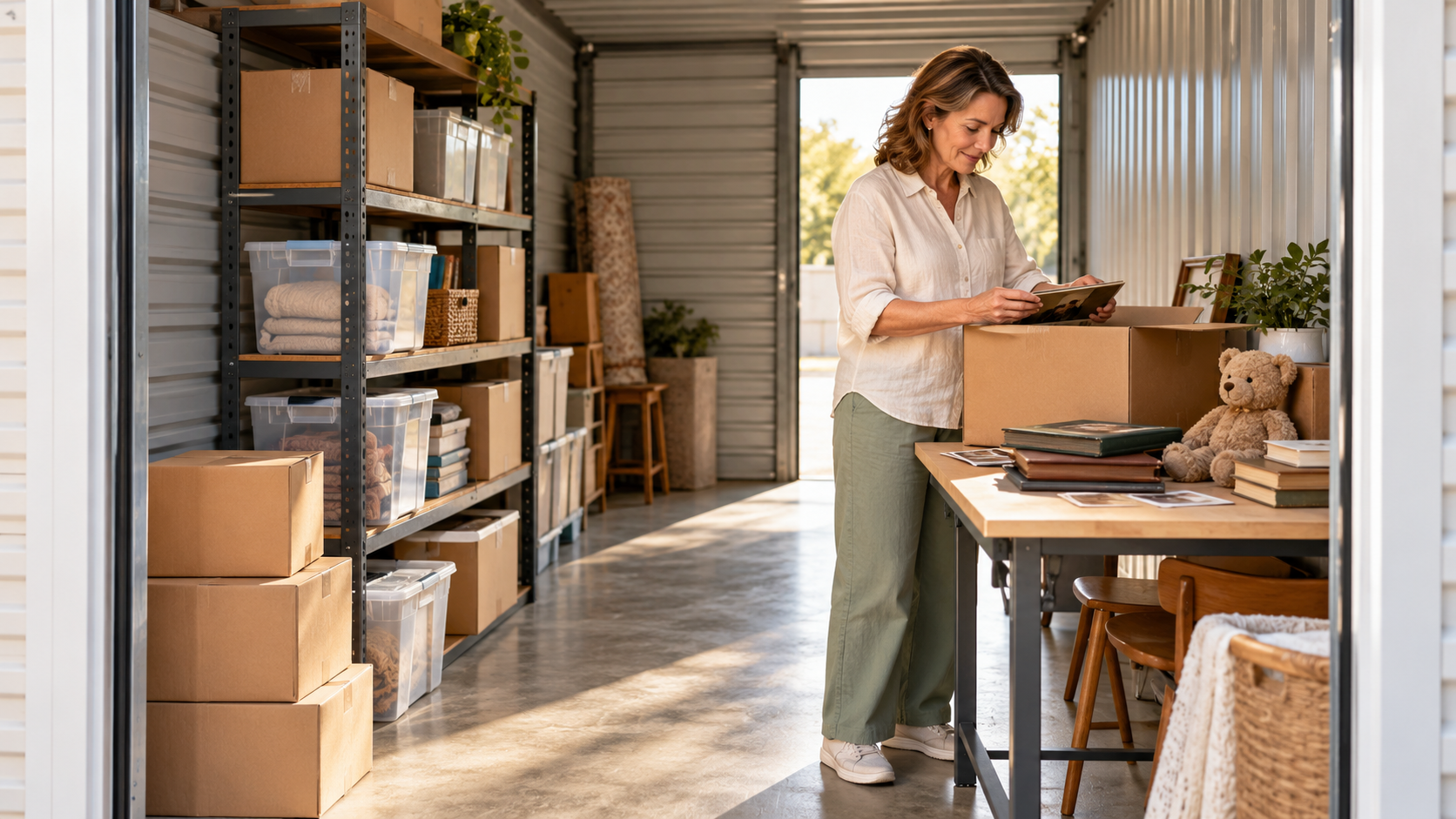 Woman sorting keepsakes in an organized storage unit with shelved bins, boxes, and a clear walkway.