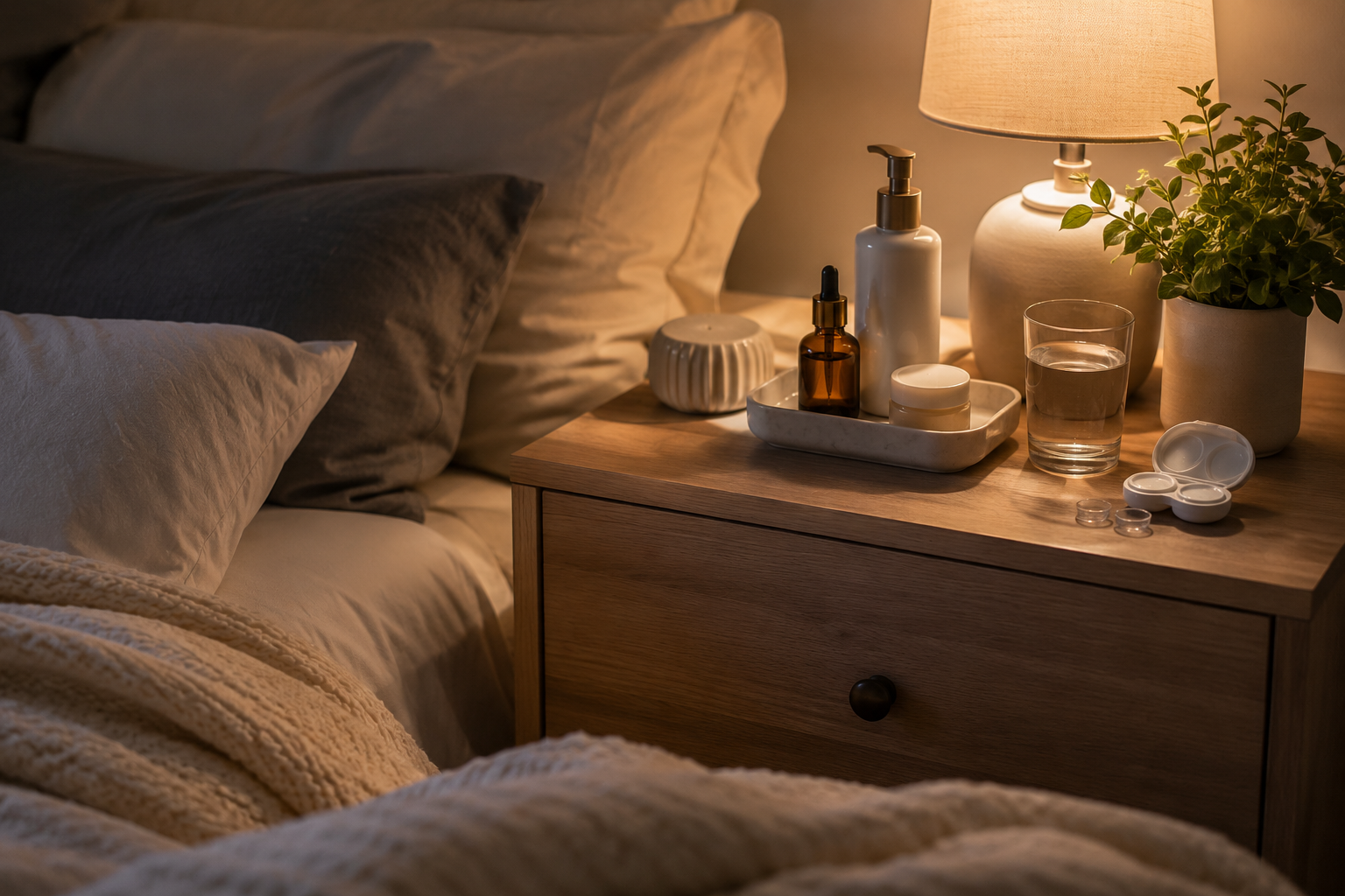 Organized bedside table with skincare, lotion, and contact lens essentials within easy reach.