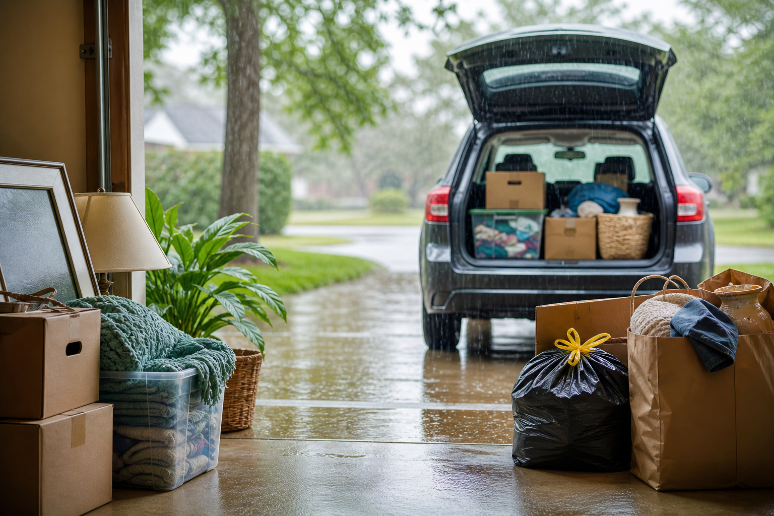 Boxes and donation bags loaded into a car in the rain, showing progress continues even when conditions aren’t perfect.