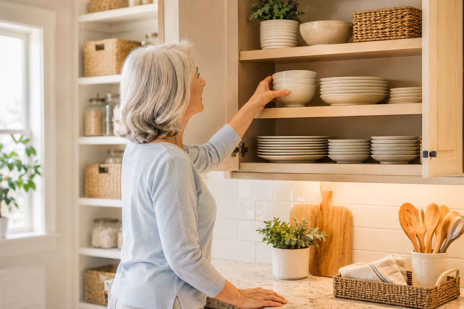 Woman organizing everyday dishes on easy-to-reach kitchen shelves for a safer, more comfortable home.