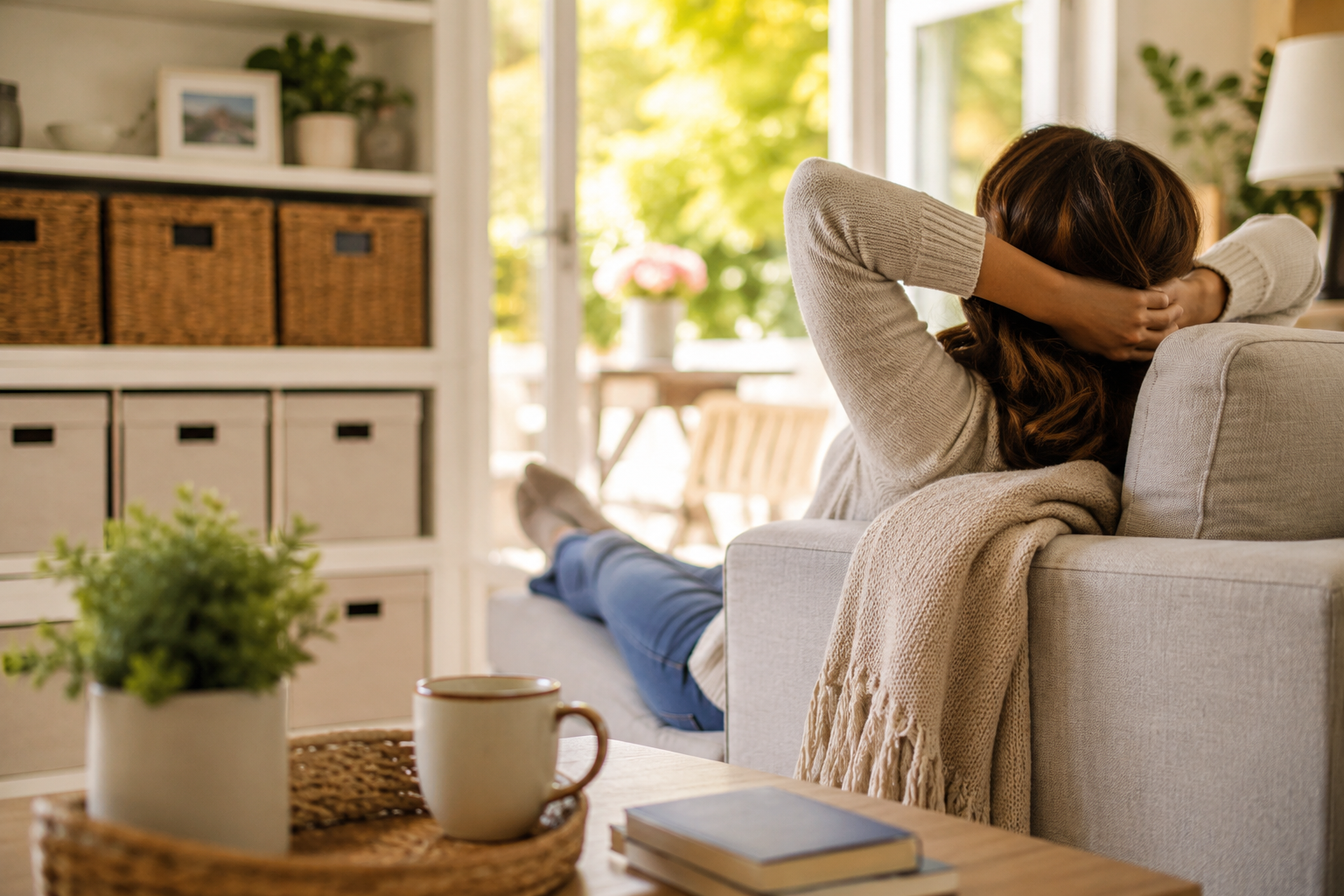 Woman relaxing on a sofa in a tidy, organized living room, enjoying a peaceful moment while unfinished organizing projects wait for another day.