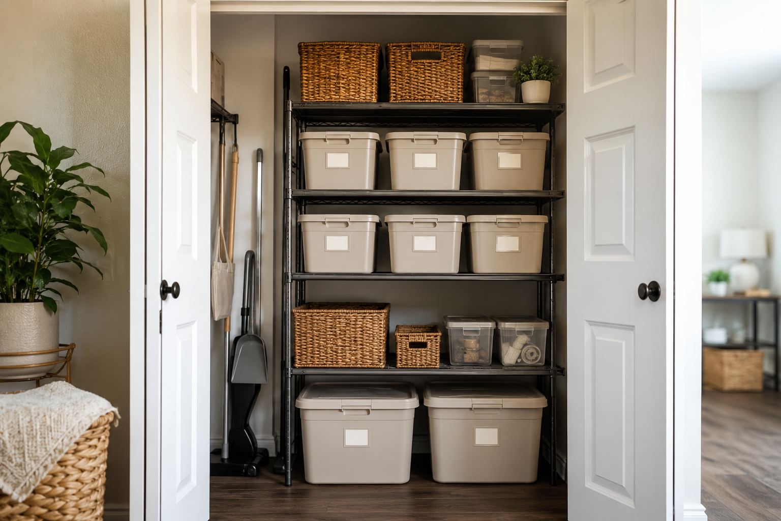 Organized storage closet with bins, baskets, and vertical shelving, demonstrating how decluttering and smart storage solutions can create more space, order, and easy access.