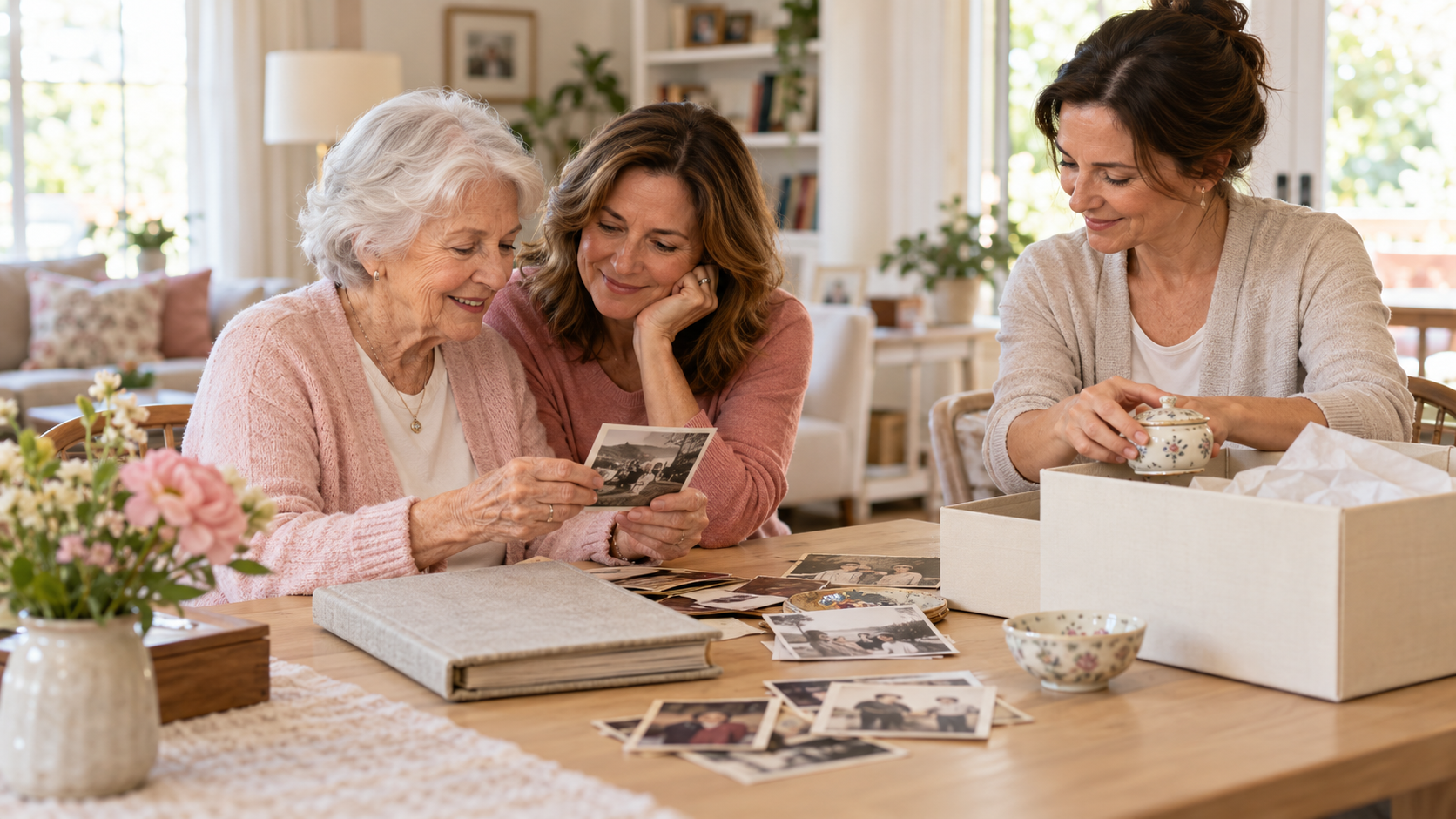 Older woman shares family photos with another woman while a third carefully packs keepsakes into a box.
