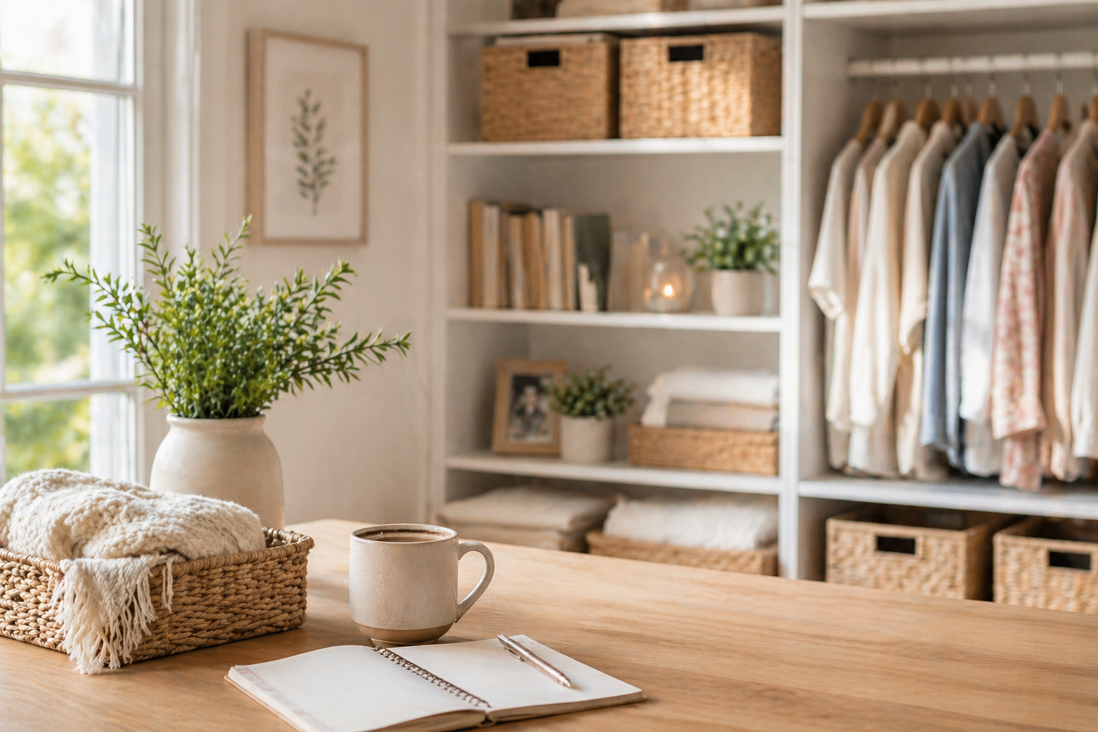 Calm, beautifully organized home workspace and closet with simple systems—showing how supportive organization creates peace and frees your time.