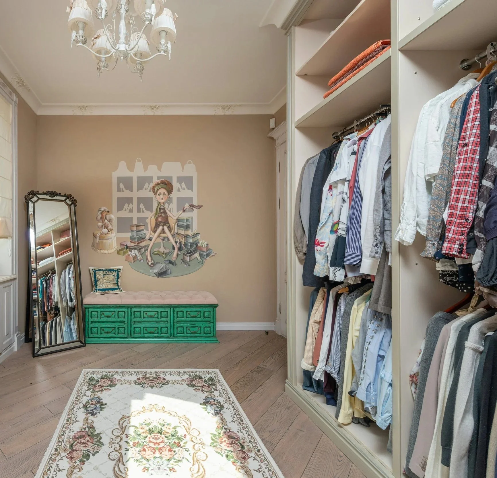 Bright, elegant walk-in closet with neatly arranged clothing, soft natural light, and a calm, organized seating area that inspires mindful wardrobe decisions.