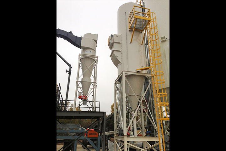  The dust and air are collected in a Cyclone to capture more product for reuse before going through a baghouse dust filter and fan. 