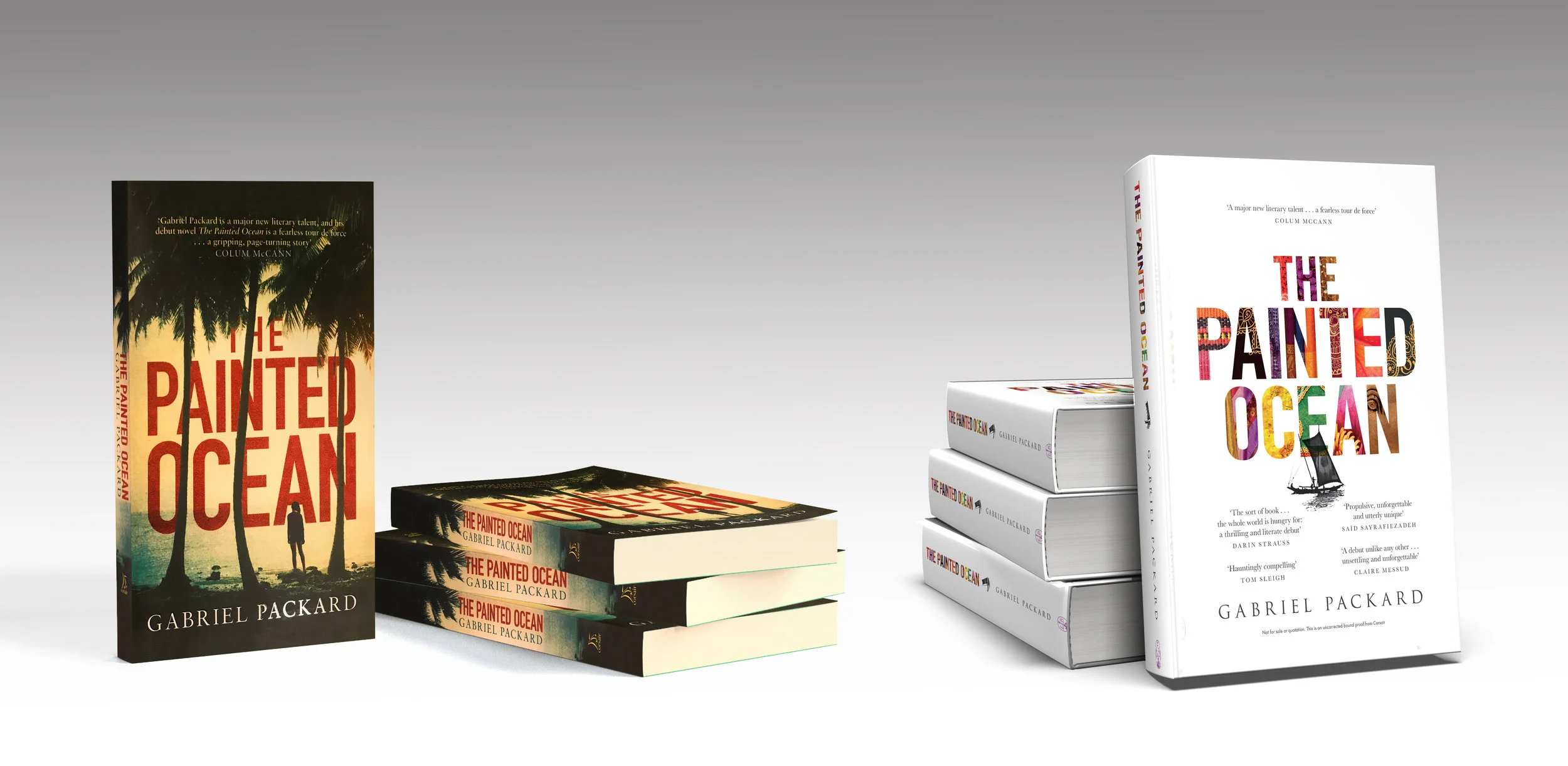 The paperback and hardcover editions of The Painted Ocean , Gabriel Packard’s debut novel