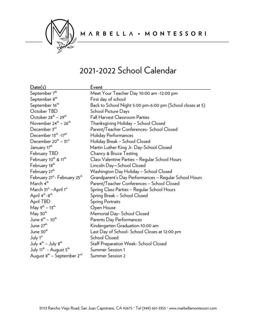 Calendar Of Events — Marbella Montessori