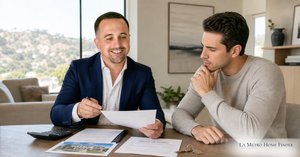 Justin Borges reviewing an all-cash home offer with a buyer in a Los Angeles home