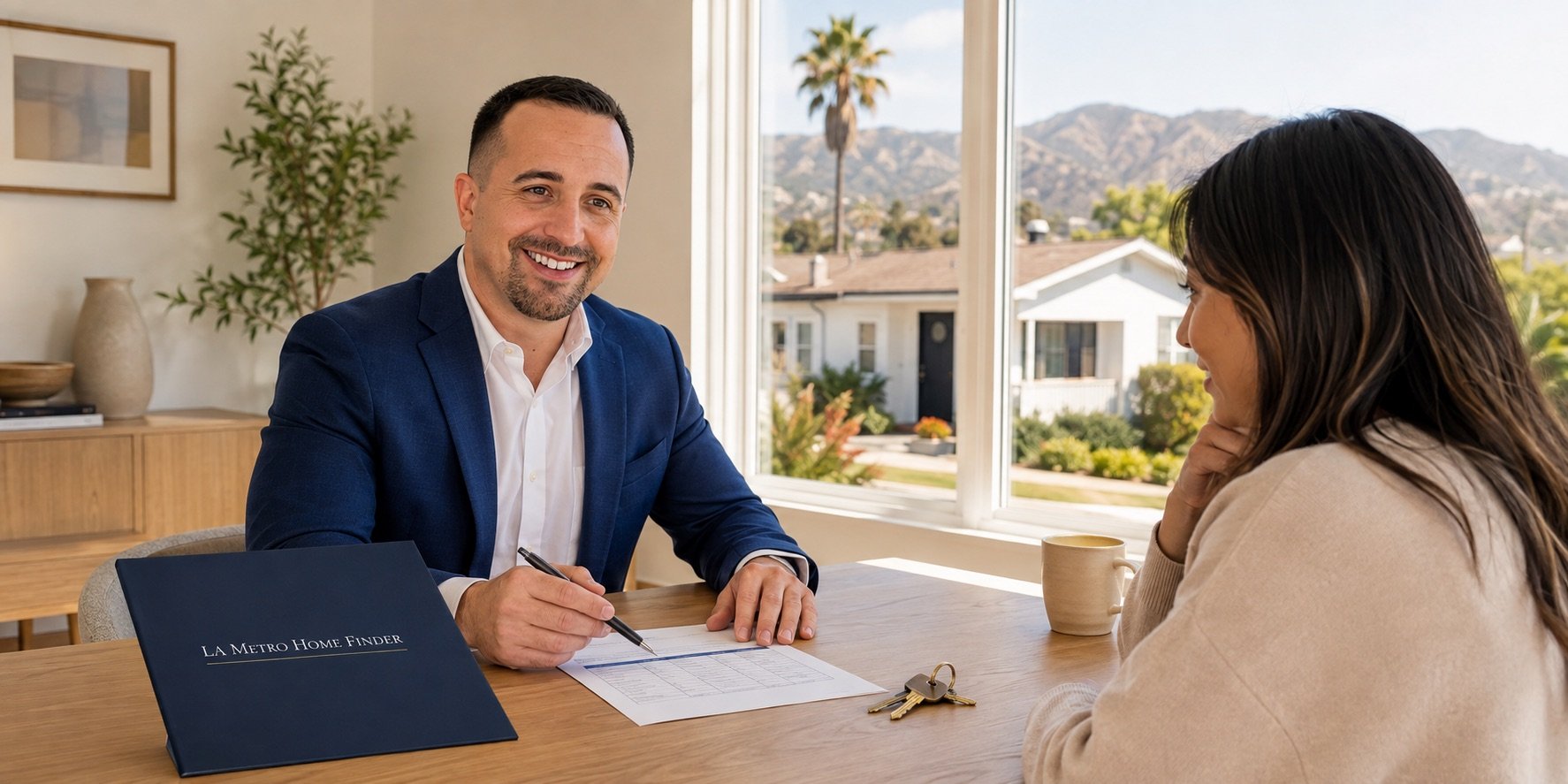 Justin Borges reviewing a Los Angeles home down payment plan with a buyer