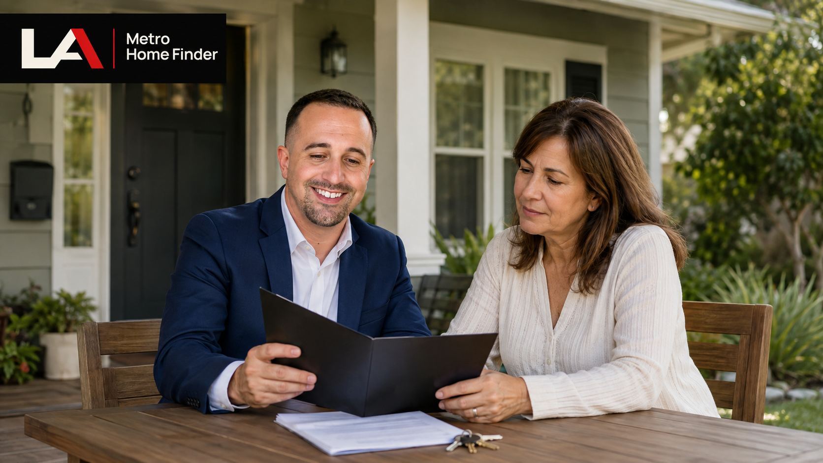 Illustrative ChatGPT-generated scene of Justin Borges reviewing sale paperwork with a California homeowner outside a house, with LA Metro Home Finder branding.