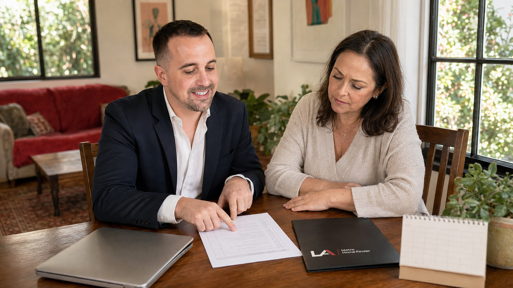 Illustrative Los Angeles home sale consultation with Justin Borges reviewing a written closing plan and LA Metro Home Finder branding.