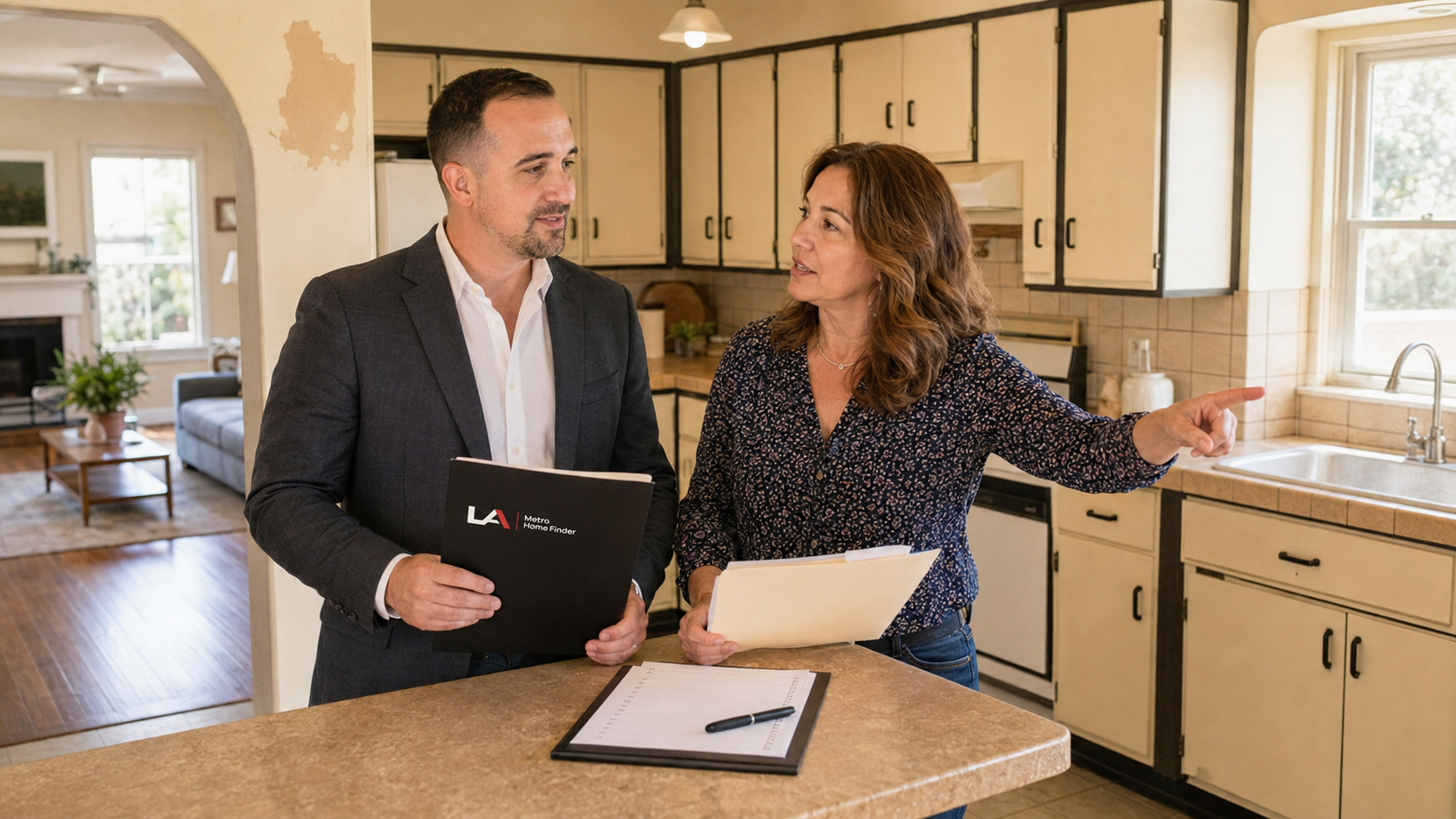 Illustrative Los Angeles homeowner reviewing inspection folders with Justin Borges in an older kitchen, with LA Metro Home Finder branding.