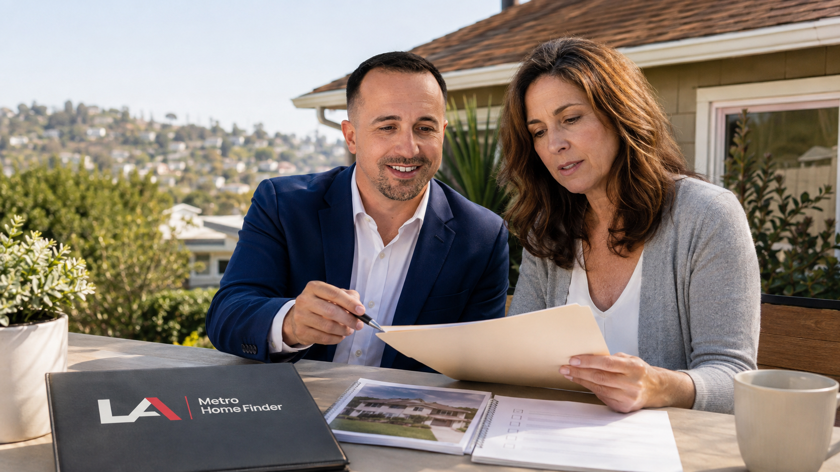 Illustrative Justin Borges and homeowner reviewing property insurance paperwork beside a Los Angeles hillside home, with LA Metro Home Finder branding.