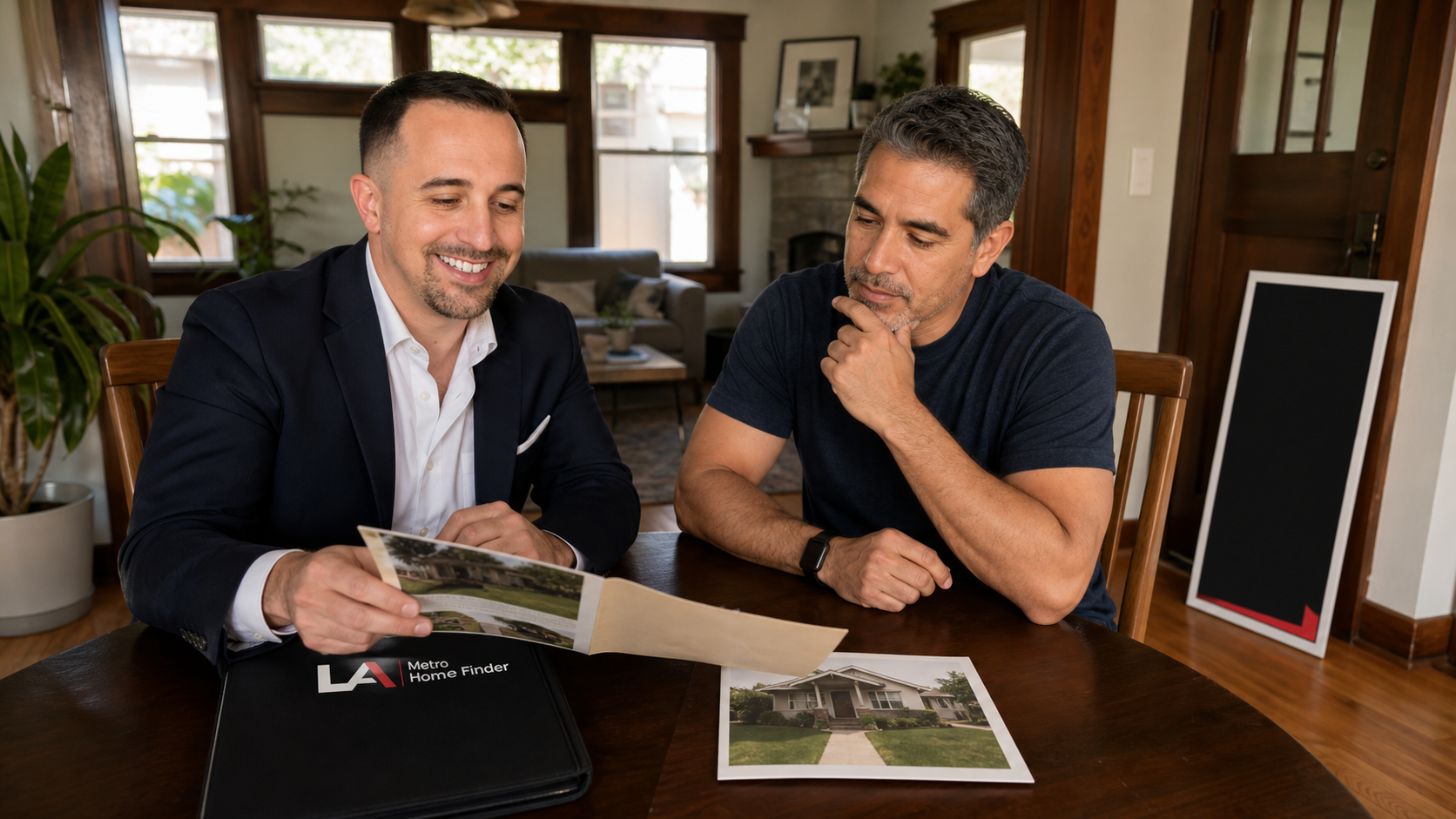 Illustrative Justin Borges and Los Angeles homeowner comparing an earlier listing brochure with a new offer and relaunch plan.