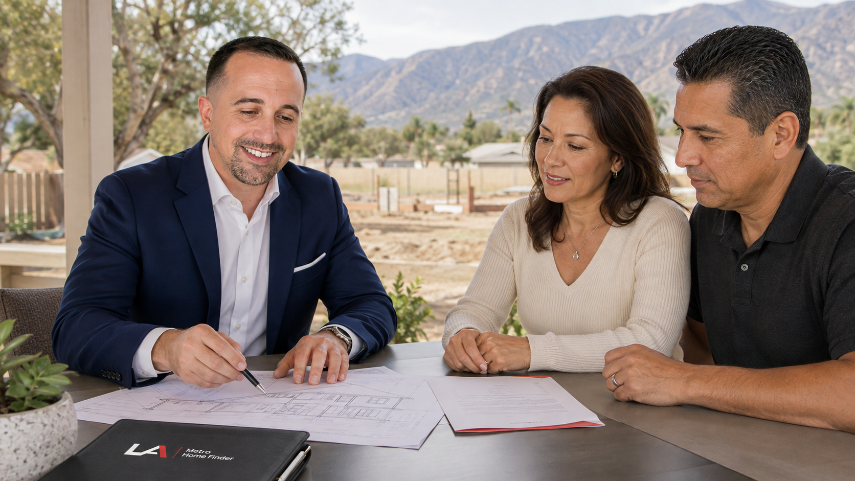 Illustrative Justin Borges and Altadena homeowners comparing a cash offer with rebuild plans.