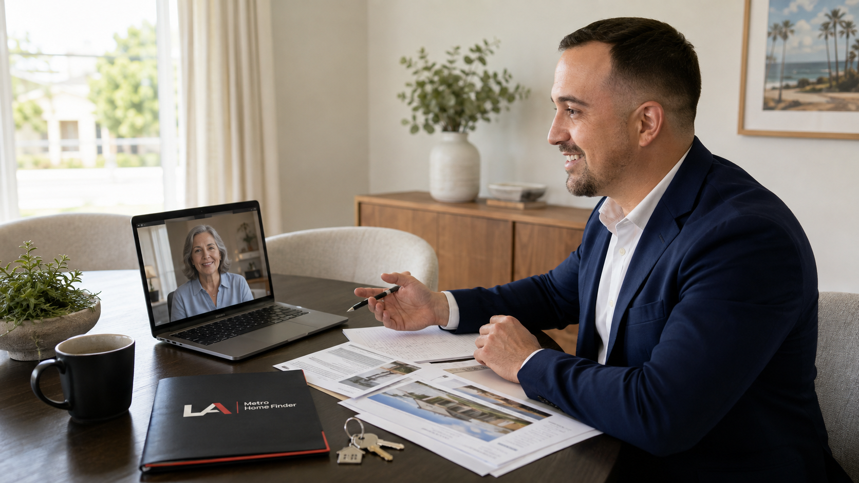 Illustrative Justin Borges coordinating a Los Angeles inherited-home sale with an out-of-state homeowner by video call.