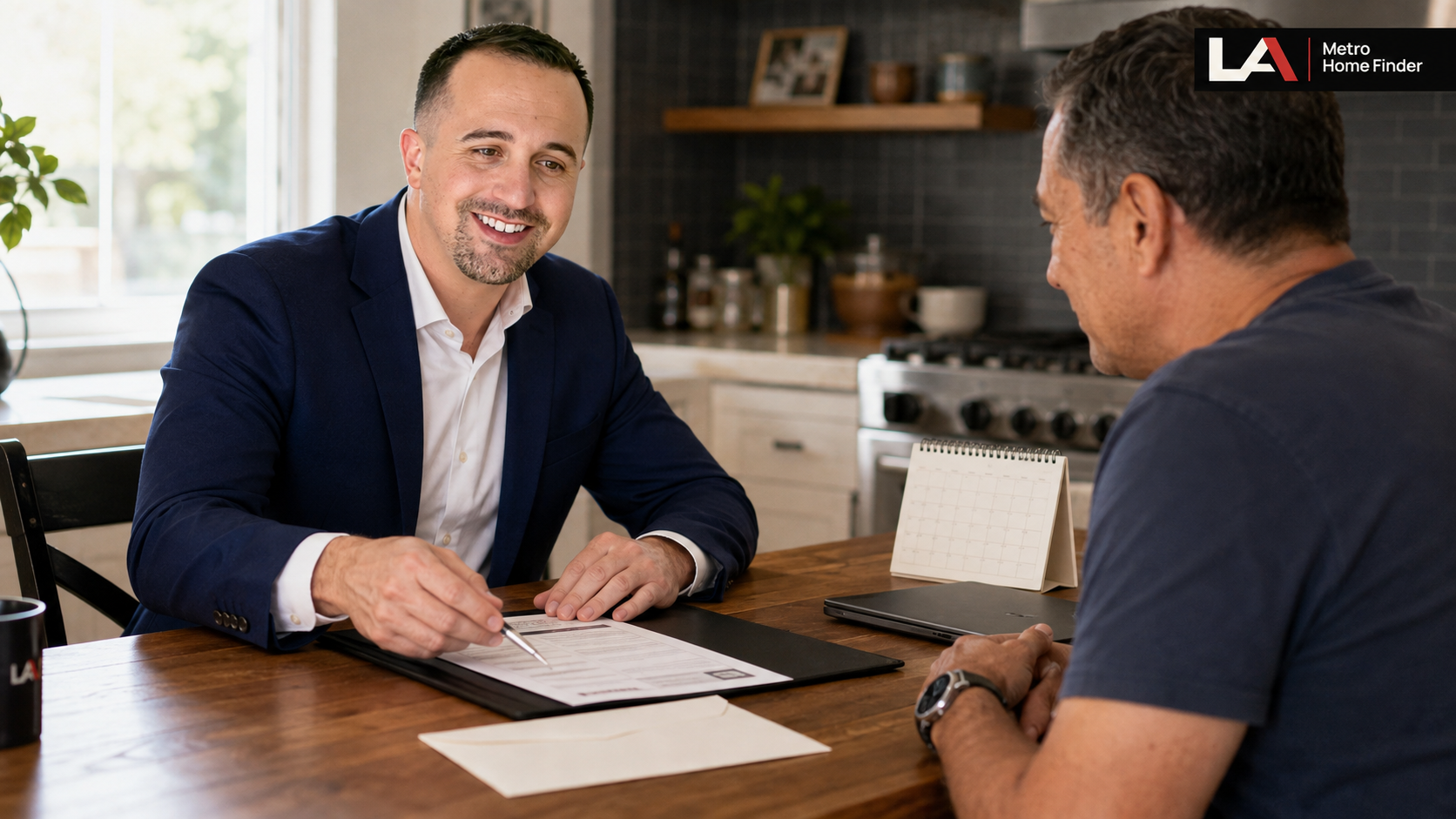Illustrative Justin Borges and Los Angeles homeowner reviewing a property-tax notice and sale calendar, with LA Metro Home Finder branding.
