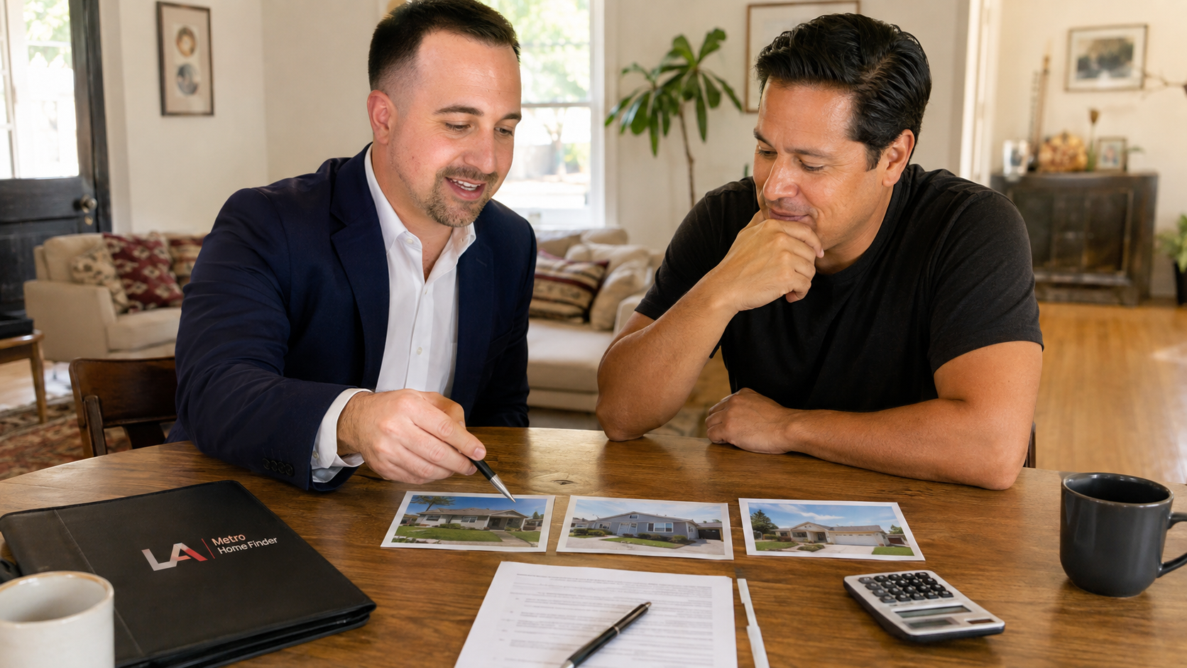 Illustrative Justin Borges comparing property condition and written cash-sale options with a Los Angeles homeowner.