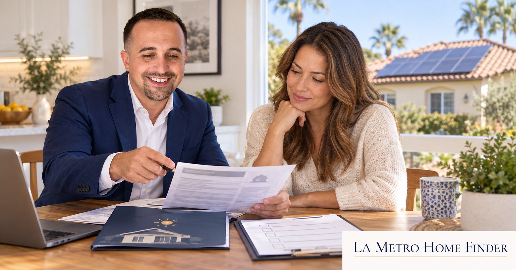 Justin Borges explaining a California PACE property-tax assessment to a homeowner with a solar-equipped home in view