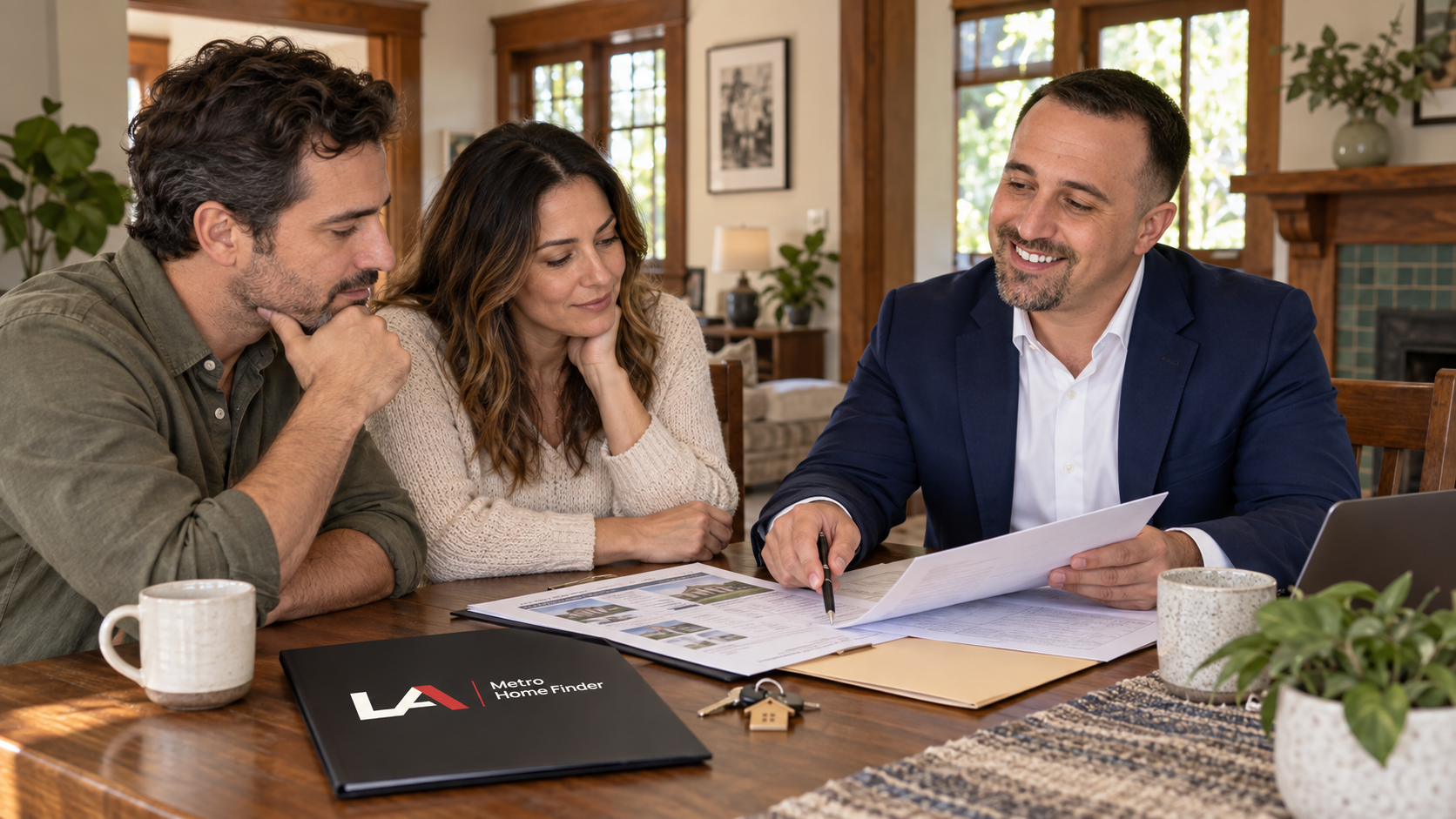Illustrative image of Justin Borges and two adult sibling heirs reviewing inherited-home sale documents at a Los Angeles dining table