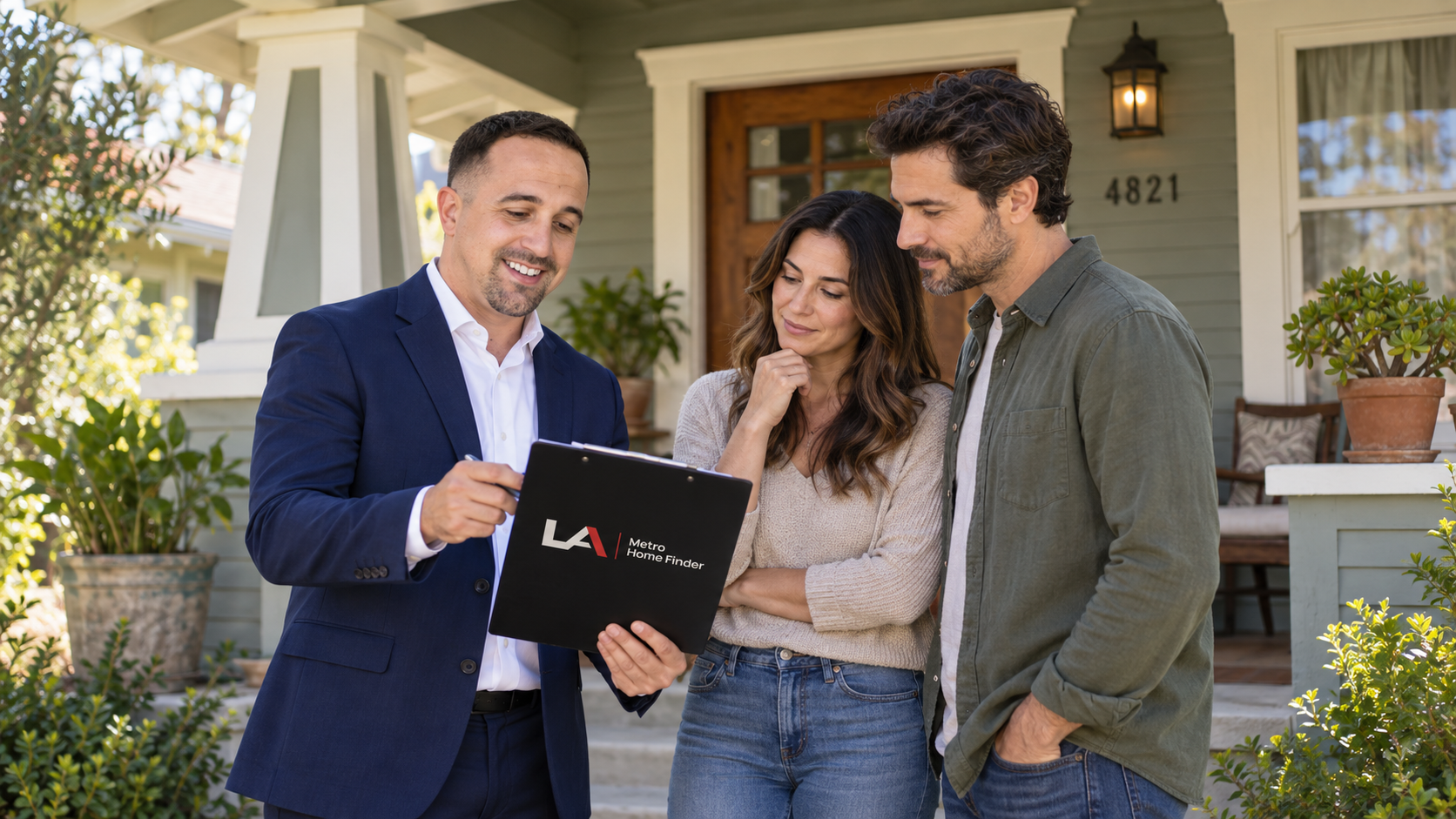 Illustrative image of Justin Borges discussing an occupied inherited-home access plan with adult siblings on a Los Angeles porch