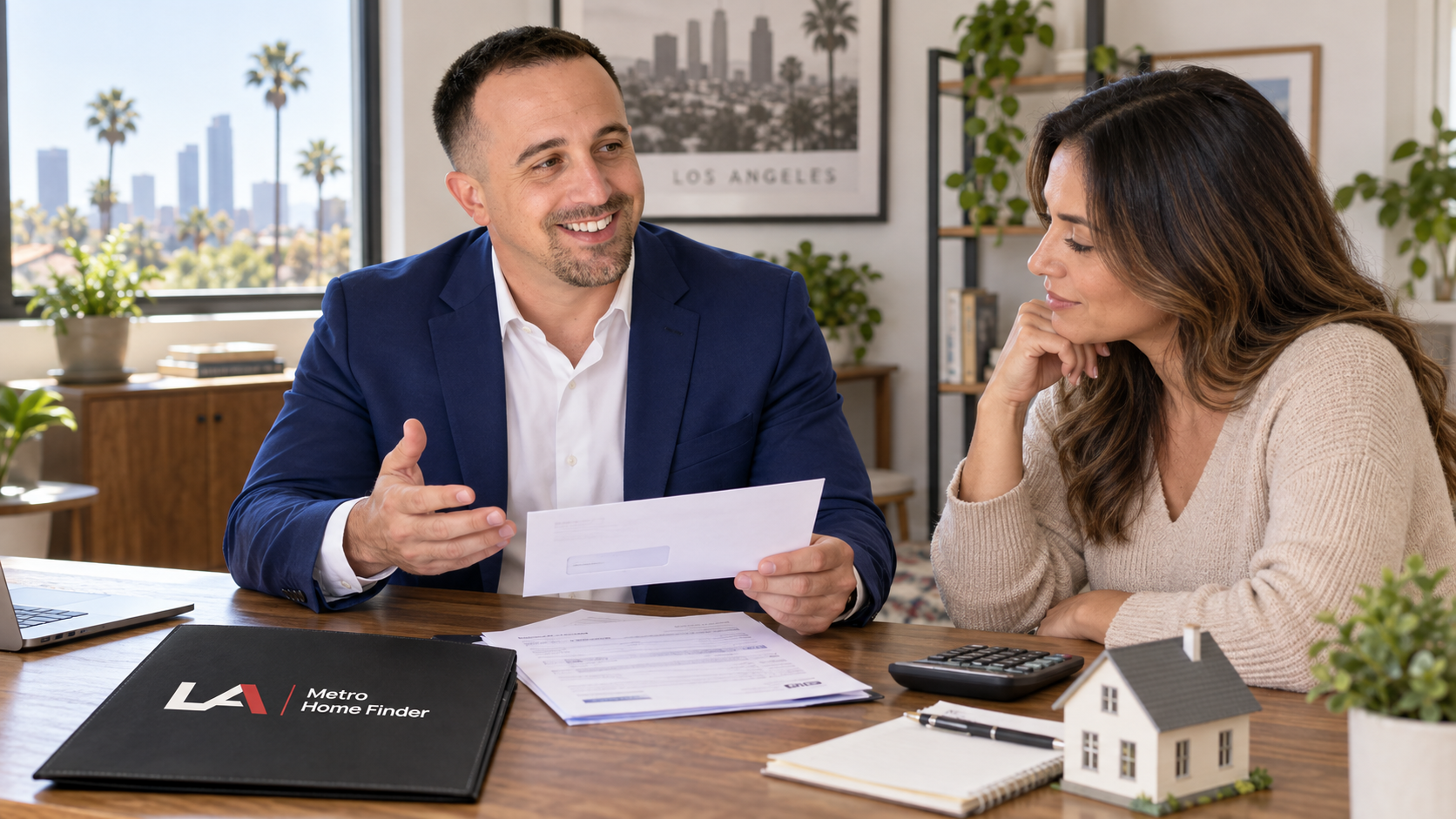 Illustrative image of Justin Borges reviewing inherited-home mortgage and sale documents with an adult heir in a Los Angeles home office