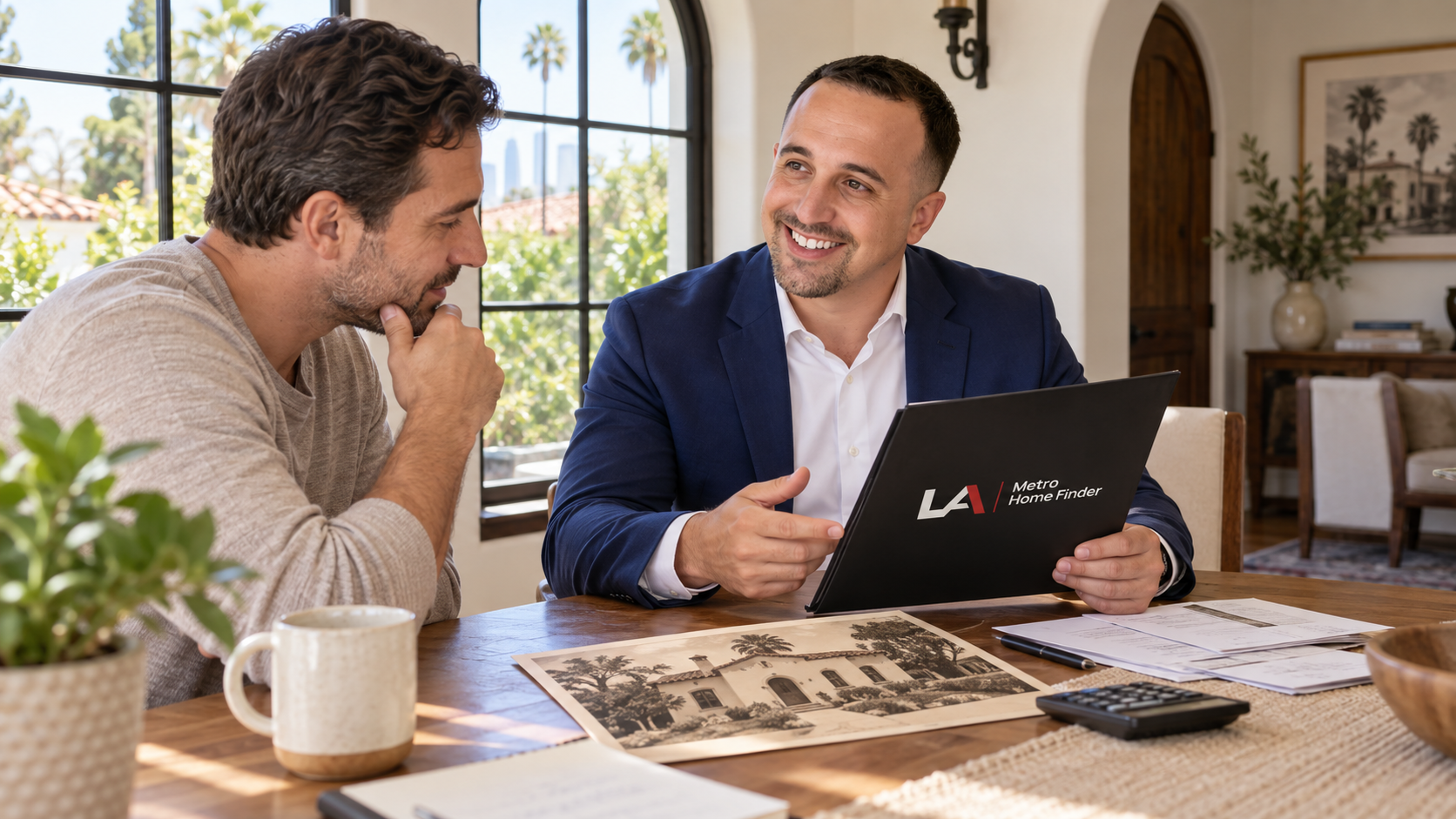 Illustrative image of Justin Borges discussing inherited-home sale records with an adult heir in a Los Angeles dining nook
