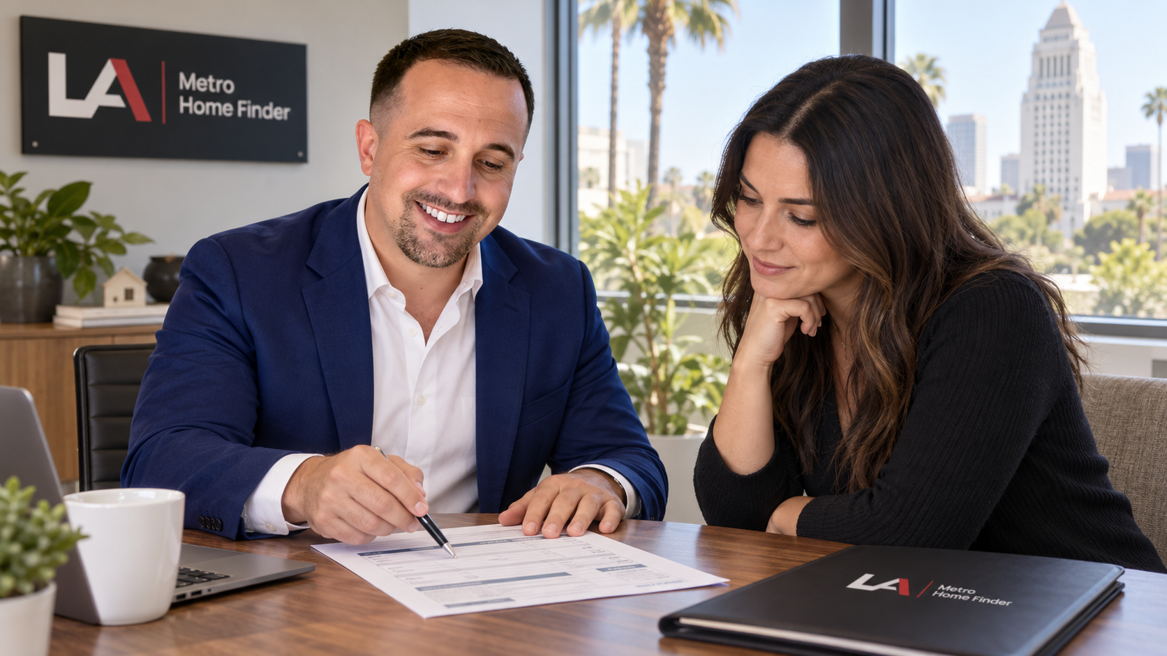 Justin Borges reviews a generic probate overbid planning worksheet with a California homebuyer in Los Angeles