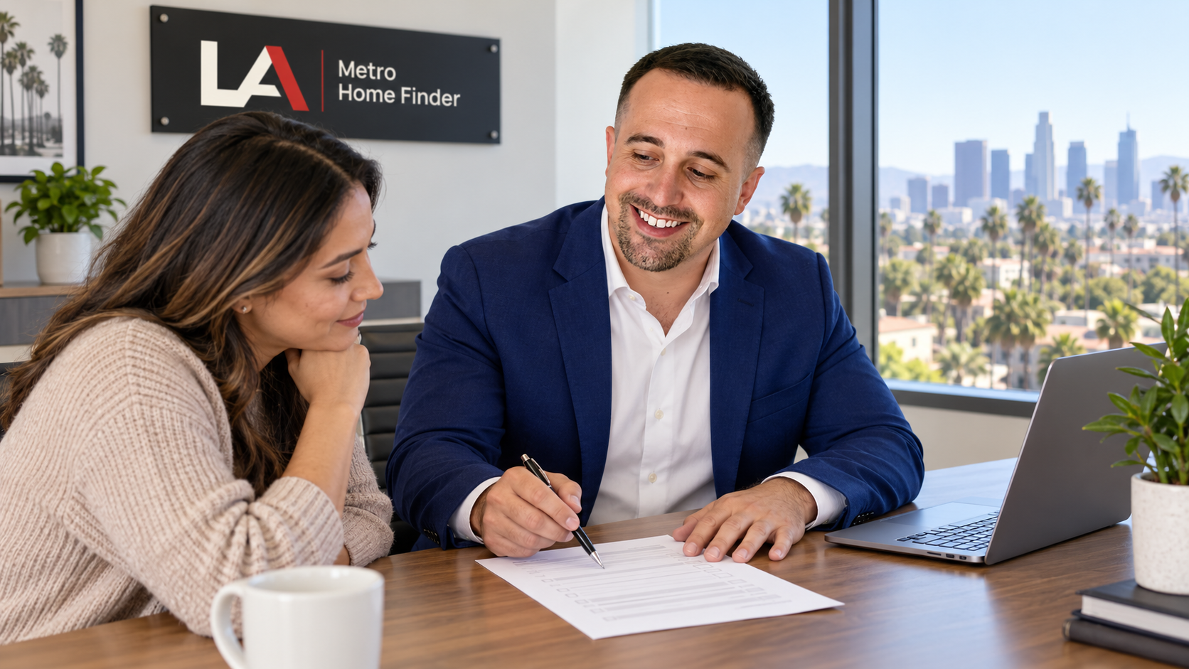 Justin Borges preparing an adult buyer for a Los Angeles probate court-confirmation purchase with a property worksheet