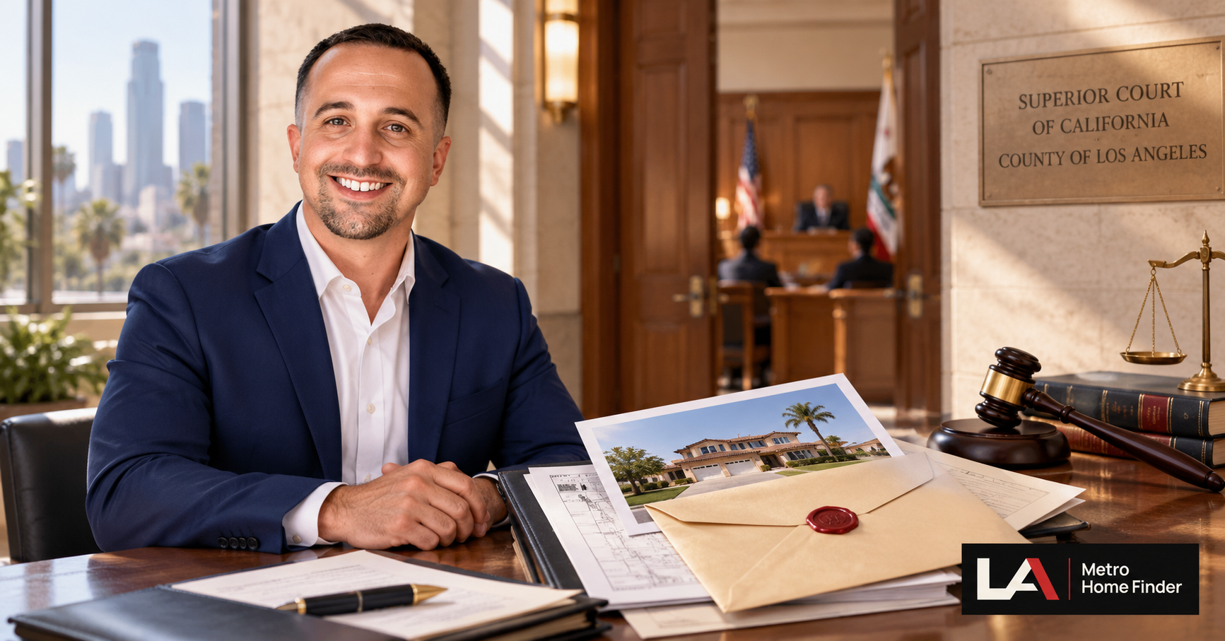 Justin Borges reviewing a California probate property file outside a Los Angeles courtroom