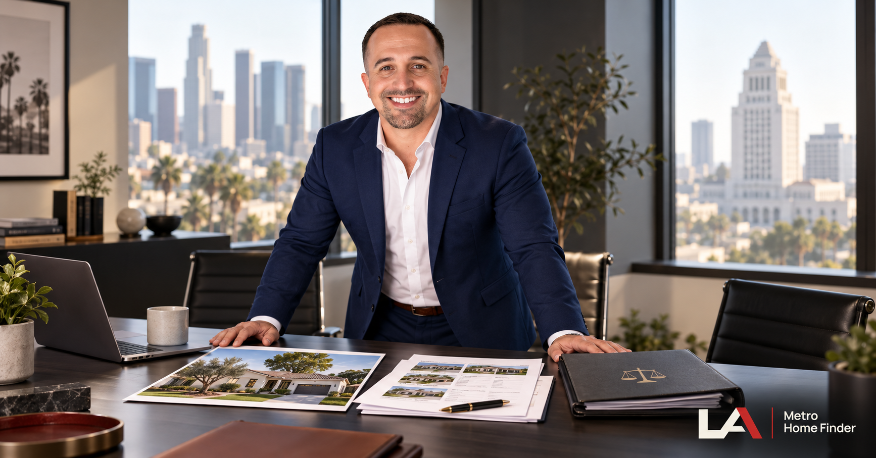 Justin Borges reviewing Los Angeles property records beside a separate legal file